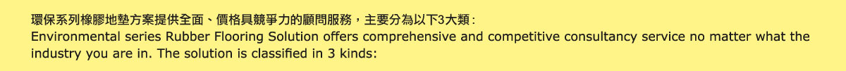 環保系列提供不同但全面、價格具競爭力的橡膠地墊方案，主要分為以下3大類: 